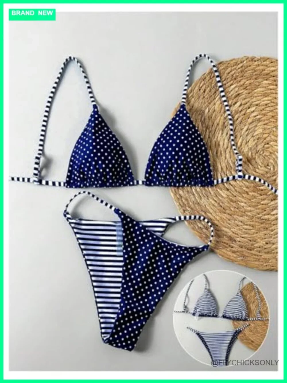 Two Piece Bikini Set Polka Dots Triangle Swimsuit Reversible Tie Backless